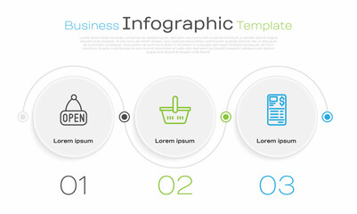 Set line Hanging sign with Open, Shopping basket and Paper or financial check. Business infographic template. Vector