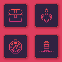 Set line Antique treasure chest, Compass, Anchor and Lighthouse. Blue square button. Vector