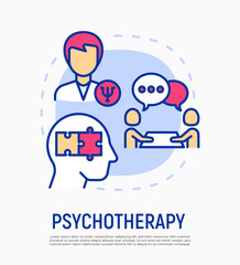 Psychotherapy concept with thin line icons, psychoanalysis with professional, support and solution mental problems, connect puzzle in head. Vector illustration.