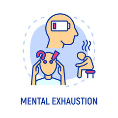 Mental exhaustion concept with thin line icons, working fatigue, frustrated man, low battery. Depression, professional crisis, low activity. Vector illustration.