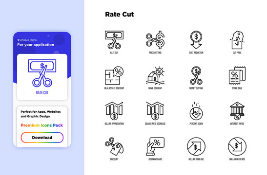 Rate cut thin line icon set: cutting price, cost reduction, sale, discount, receipt, loyalty card, interest. Modern vector illustration.