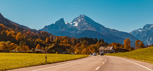 Beautiful autumn view with the famous Watzmann summit in the background near Berchtesgaden, Bavaria, Germany