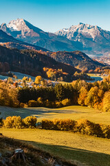 Beautiful autumn view with the famous Watzmann summit in the background near Berchtesgaden, Bavaria, Germany