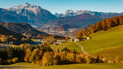Beautiful autumn view with the famous Watzmann summit in the background near Berchtesgaden, Bavaria, Germany