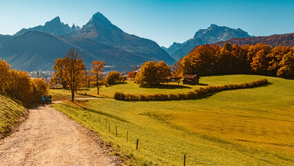 Beautiful autumn view with the famous Watzmann summit in the background near Berchtesgaden, Bavaria, Germany