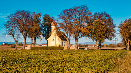 Beautiful church near Wallersdorf, Bavaria, Germany on a sunny autumn day