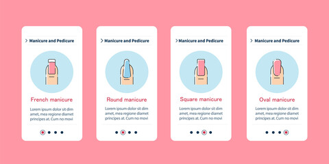  Cosmetology onboarding mobile app. French manicure, round, square and oval shape. Manicure and pedicure steps menu. Set of UI, UX, web template with RGB color linear icons
