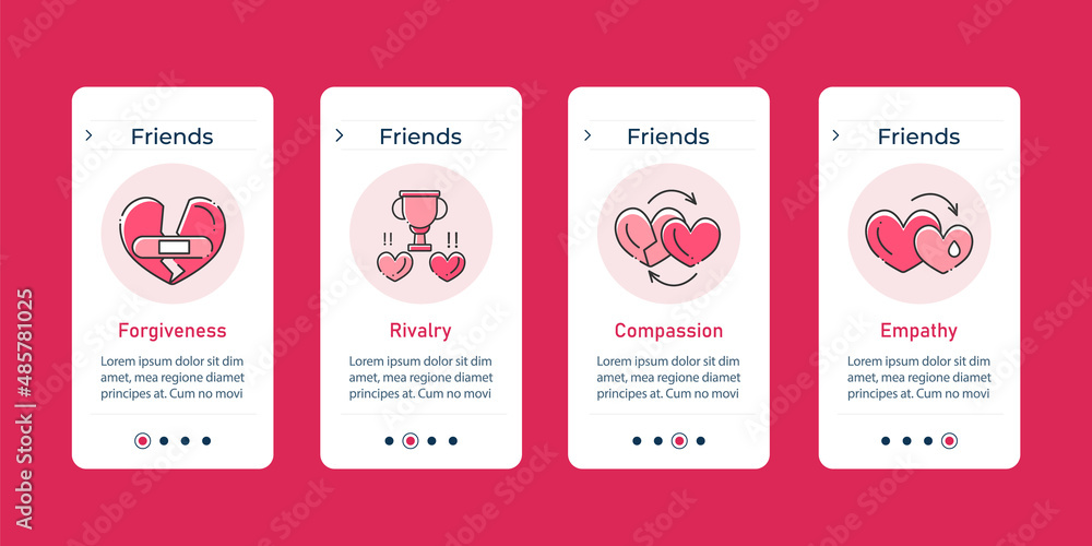 Poster friends onboarding mobile app screens. forgiveness, rivalry, compassion, empathy. relationships step