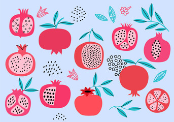 Pomegranate whole and cut hand drawn vector set. Pomegranate fruit with seeds art