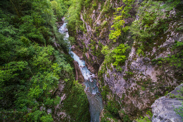 View from 'Devils Bridge' at Tolmin Gorges, Triglav National Park (Triglavski Narodni Park), Slovenia, Europe