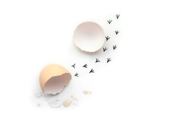 Footprints from an egg shell. First steps of a chick on a white isolated background. Concept of way...