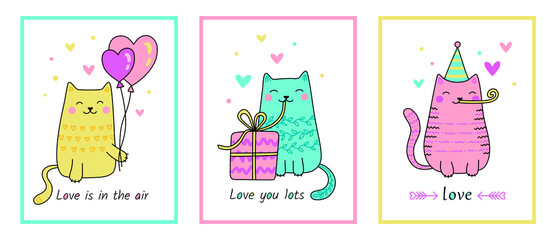 Collection of Valentine`s Day Cards with Cute Cats. Funny pets with hearts, gifts, balloons, quotes. Celebration February 14. Hand drawn vector illustration in cartoon style. Isolated on white.