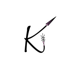 Letter of English. Latin alphabet letter decorated with feathers and arrows, monogram vector illustration in simple boho style