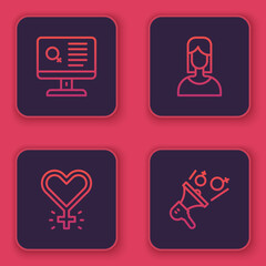 Set line Dating app, Feminism, Female and Feminist activist. Blue square button. Vector