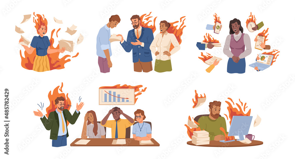 Poster angry or frustrated employees meeting deadlines, having conflicts with employer or team. vector stre