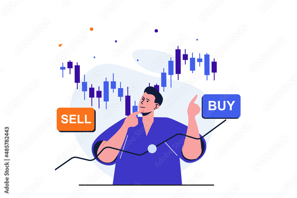Aufkleber stock market modern flat concept for web banner design. male trader buys and sells on stock exchange