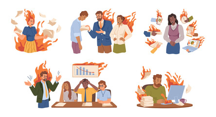 Angry or frustrated employees meeting deadlines, having conflicts with employer or team. Vector stressed personage with documents and projects. Fire and flame, flat cartoon characters in trouble