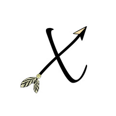 Letter of English. Latin alphabet letter decorated with feathers and arrows, monogram vector illustration in simple boho style