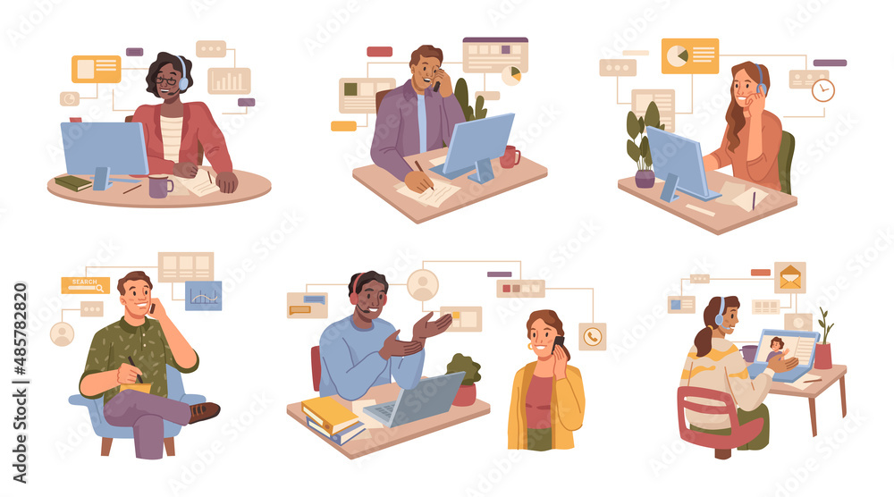 Poster People working with clients and customers communicate over phone isolated flat cartoon characters at work set. Vector workers with laptops and computers, video conference or meeting with team