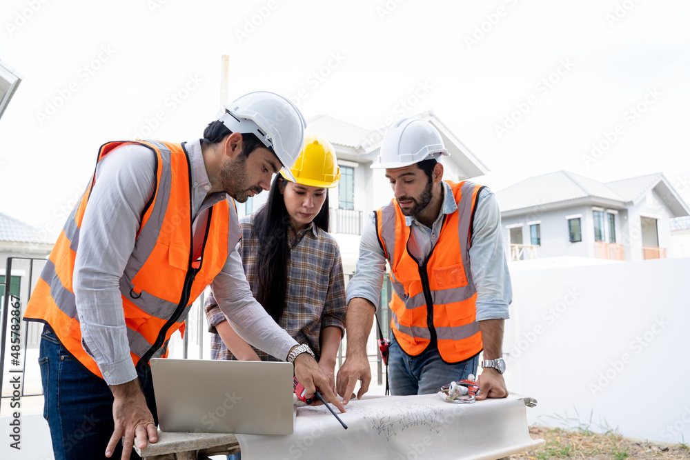 Aufkleber engineers and woman architect working and reading instruction meeting for project and working on a b