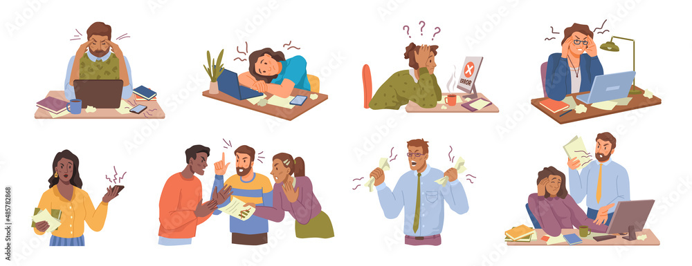 Poster Man and woman stressed and annoyed of work. Vector employees with broken computers showing error, tension at workplace and disputes with colleagues. Conflicts and overworking. Flat cartoon character
