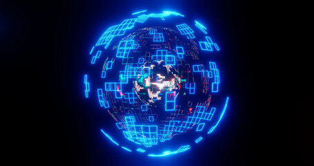 3D neon glowing sphere? Nuclear energy. Technology background.