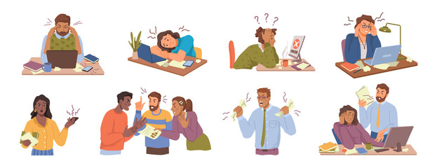Man and woman stressed and annoyed of work. Vector employees with broken computers showing error, tension at workplace and disputes with colleagues. Conflicts and overworking. Flat cartoon character