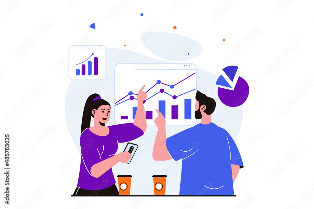Aufkleber teamwork modern flat concept for web banner design. woman and man analyze data, discuss statistics, 