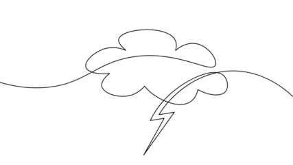 Photo sur Plexiglas Une ligne Single continuous line art rainy stormy cloud. Sad emotional cloudy weather lightning design concept. One line sketch outline, vector illustration drawing