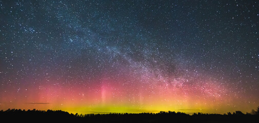 Milky way and Northern lights - Aurora borealis over the forest