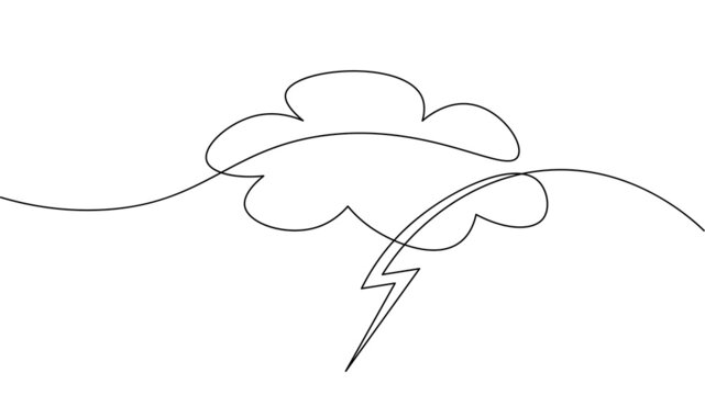 Single Continuous Line Art Rainy Stormy Cloud. Sad Emotional Cloudy Weather Lightning Design Concept. One Line Sketch Outline, Vector Illustration Drawing