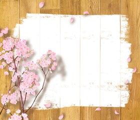 白いペンキを塗ったぬくもりのある色調の木目の板に桜の木の枝と花びらの散る壁紙背景素材
