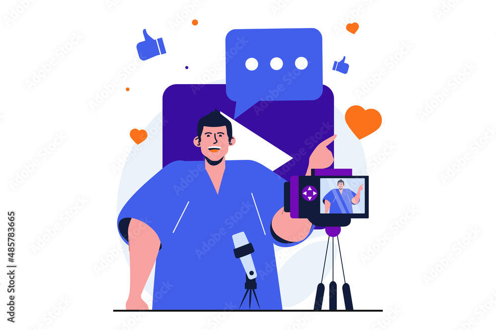 Fototapete video blogging modern flat concept for web banner design. man blogger recording tutorials on camera 