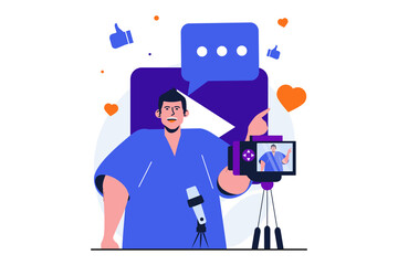 Video blogging modern flat concept for web banner design. Man blogger recording tutorials on camera and live streaming online. Influencer promotes blog. Vector illustration with isolated people scene