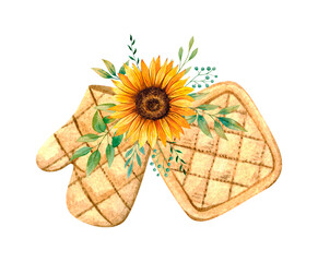 Watercolor bakery logo design with sunflowers. Hand drawn kitchen potholders isolated on white background 