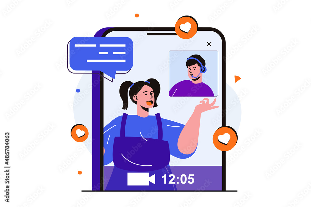 Poster video chatting modern flat concept for web banner design. woman and man talking using mobile video c