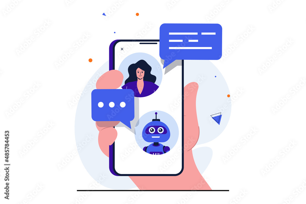 Aufkleber Virtual assistant modern flat concept for web banner design. Woman is chatting with chat bot and looking for solution to problem with help of program. Vector illustration with isolated people scene
