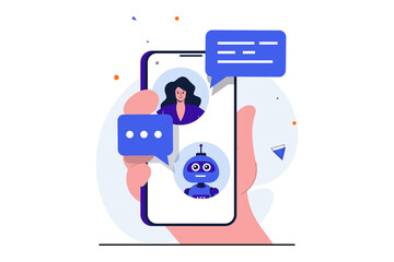 Virtual assistant modern flat concept for web banner design. Woman is chatting with chat bot and looking for solution to problem with help of program. Vector illustration with isolated people scene - obrazy, fototapety, plakaty