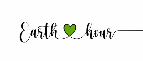 Earth Hour phrase Continuous one line calligraphy minimalistic handwritten with heart symbol on white background