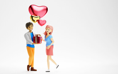 Cute young couple in love with heart shape balloons, guy holding the gift box. Copy space. Happy Valentine’s Day 3d rendering.