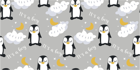 Children's seamless pattern. Vector stock illustration.Hand draw style. Design for wallpaper and fabric. Gray background. Penguin. Animal. Clouds and stars. Moon.
