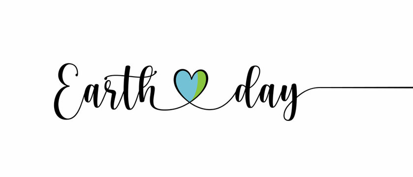 Earth Day phrase Continuous one line calligraphy minimalistic handwritten with heart symbol on white background