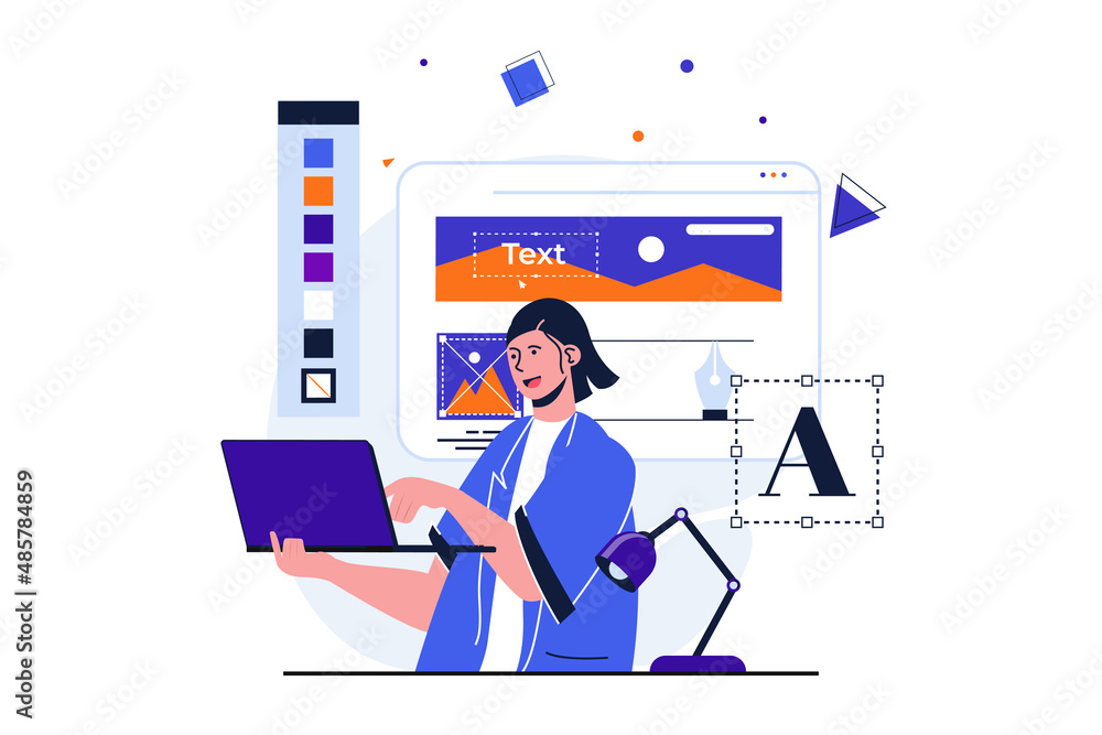 Aufkleber web designer modern flat concept for web banner design. woman creates content to fill site, works wi