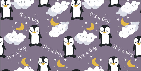 Penguin on a gray background. The pattern is seamless in the nursery. Vector Stock illustration. Hand draw style. Cartoon. Animal. Children