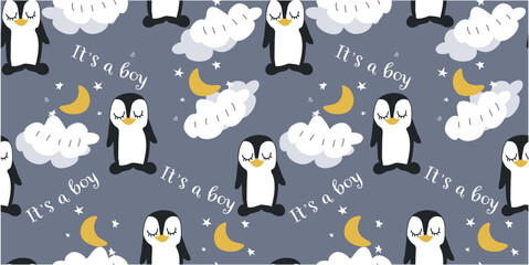 Pattern with a penguin. Seamless. Нand draw. Gray background. Flat style. This is a boy. Vector Stock illustration. Animal. Wallpaper for room and fabric. Gray background