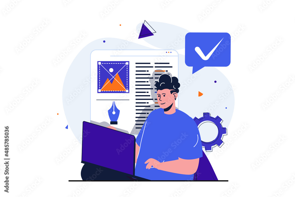 Fototapete Web designer modern flat concept for web banner design. Man creates and optimizes code for layout, works with graphic and text content using laptop. Vector illustration with isolated people scene