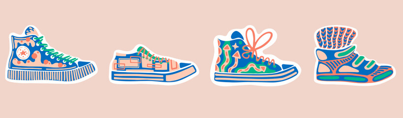 Clothing and accessories, beauty fashion.Team sport icon graphic. Sneakers hand drawn flat colourful style. Shoe footwear. Vector illustration