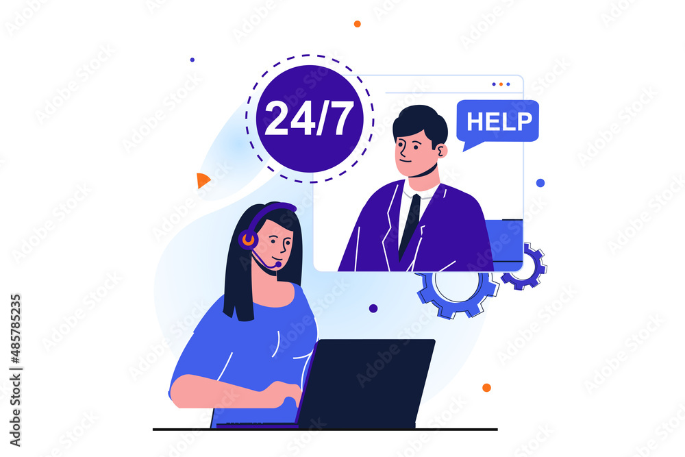 Poster women working modern flat concept for web banner design. woman works in call center, consults with c
