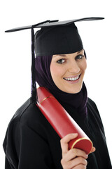 Happy graduate arabic muslim student with diploma