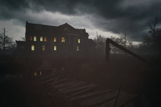 Spooky manor house with illuminated windows under a dark cloudy sky in misty countryside. 3D render.